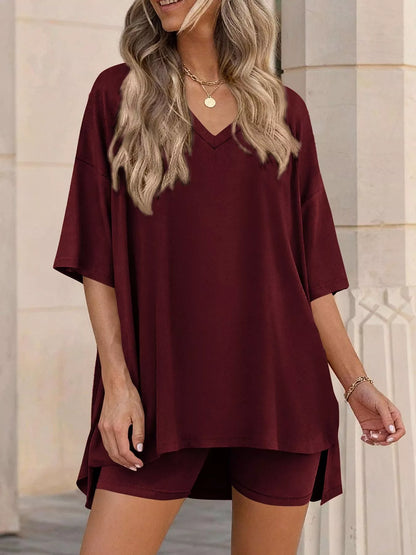 Full Size Casual Loose V-Neck T-Shirt & Shorts Set Plus Size