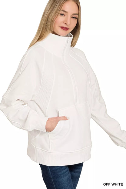 Zenana Half Zip Fleece Sweatshirt with kangaroo Pocket