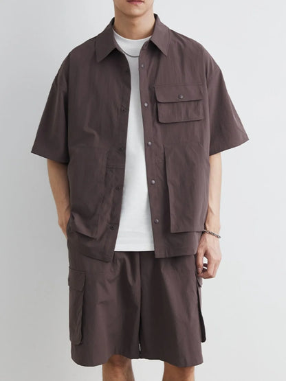 Men's Plus Size Button Up Short Sleeve Shirt and Shorts Set
