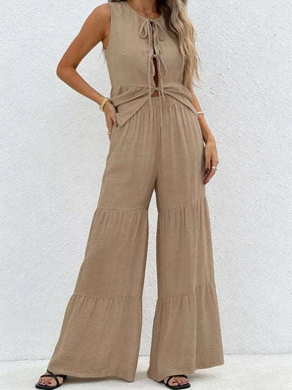 Sleeveless Tie-Front Top and Wide Leg Pants Set