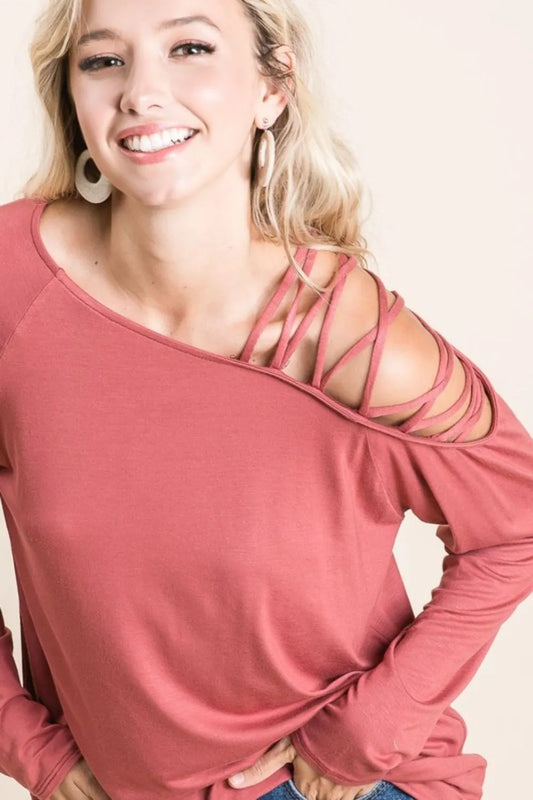 BiBi Jersey Knit One Shoulder Top With Criss Cross