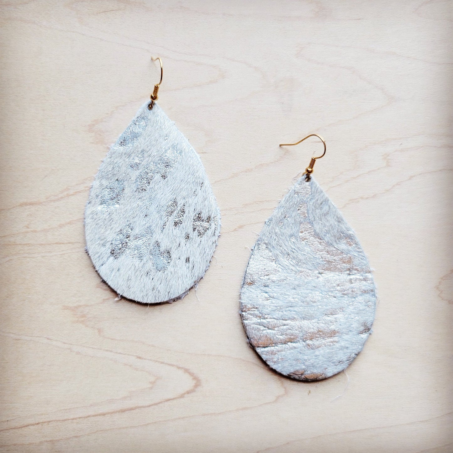 **Leather Teardrop Earrings-Silver Metallic Hair-On-Hide 224i