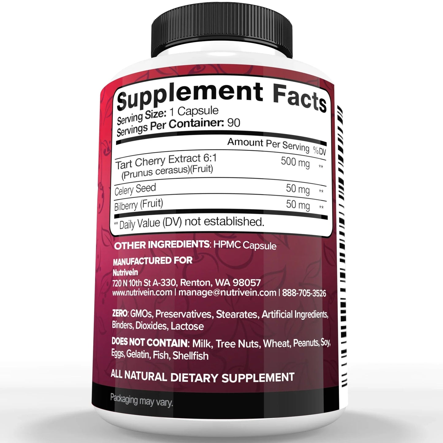 Nutrivein Premium Tart Cherry Capsules 3000mg - 90 Capsules