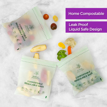 Compostable Resealable Bags. Eco-Friendly & Durable. Snack, Sandwich, Quart & Gallon Sizes