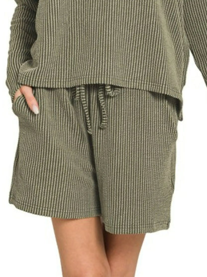 Zenana Corded Rib Long Sleeve Tee and Shorts Set