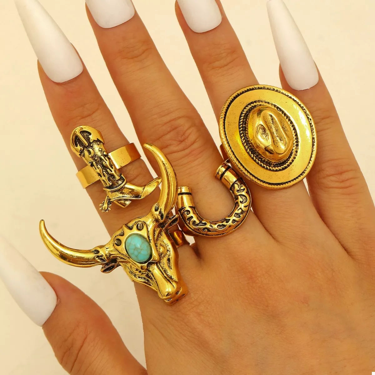 4 Piece Vintage Western Style Bull Head Rings