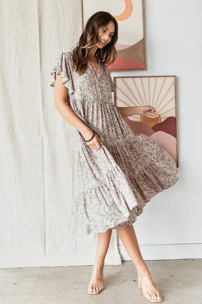 Mittoshop Abstract Print Ruffle Tier Midi Dress