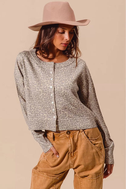 SO ME Two Tone Leopard Vintage Print Button Up Cardigan