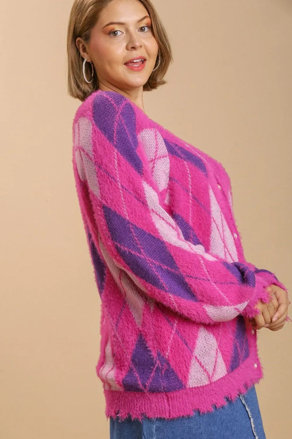 Umgee Full Size Argyle Pattern V-Neck Button Front Cardigan Plus Size