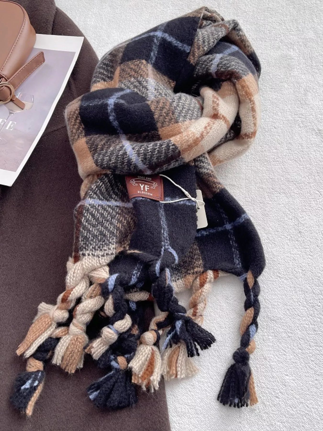 Warm Plaid Tassel Scarf