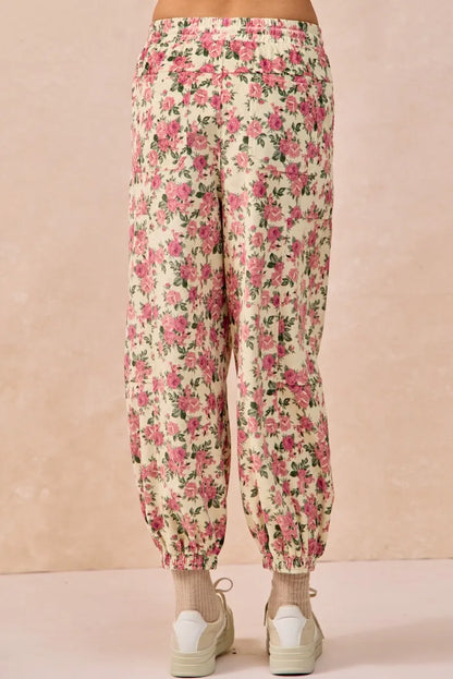 BiBi Floral Printed Twill Drawstring Pants With Elastic Band