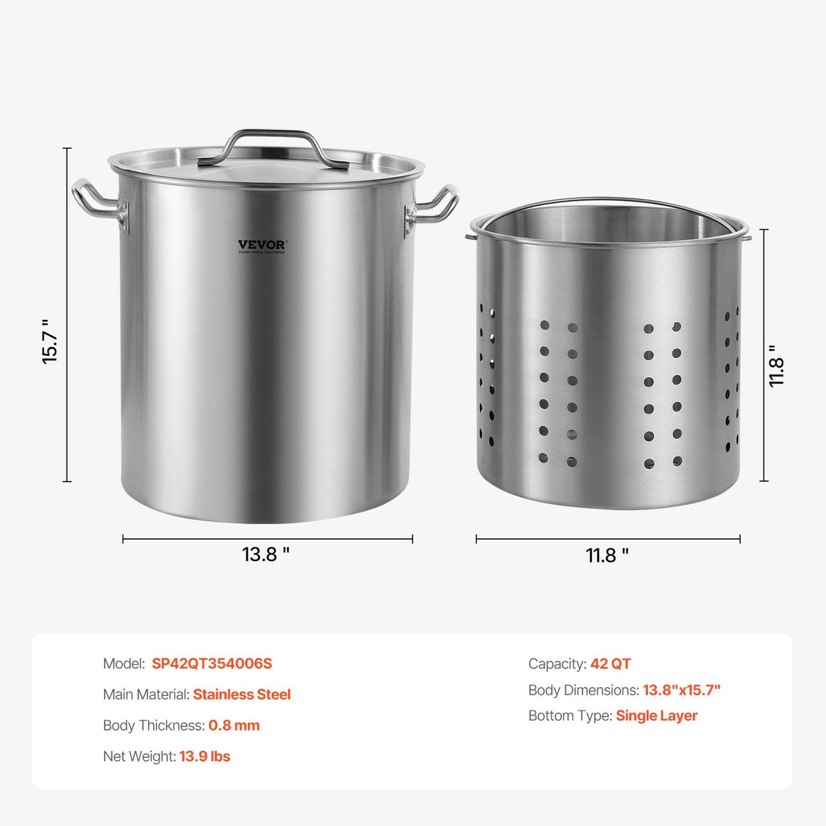 VEVOR Stainless Steel Stockpot, 42 Quart Large Cooking Pots, Cookware Sauce Pot With Strainer, Lid, And Handle, Heavy Duty Commercial Grade Stock Pot, Sanding Treatment, For Large Groups Events Silver