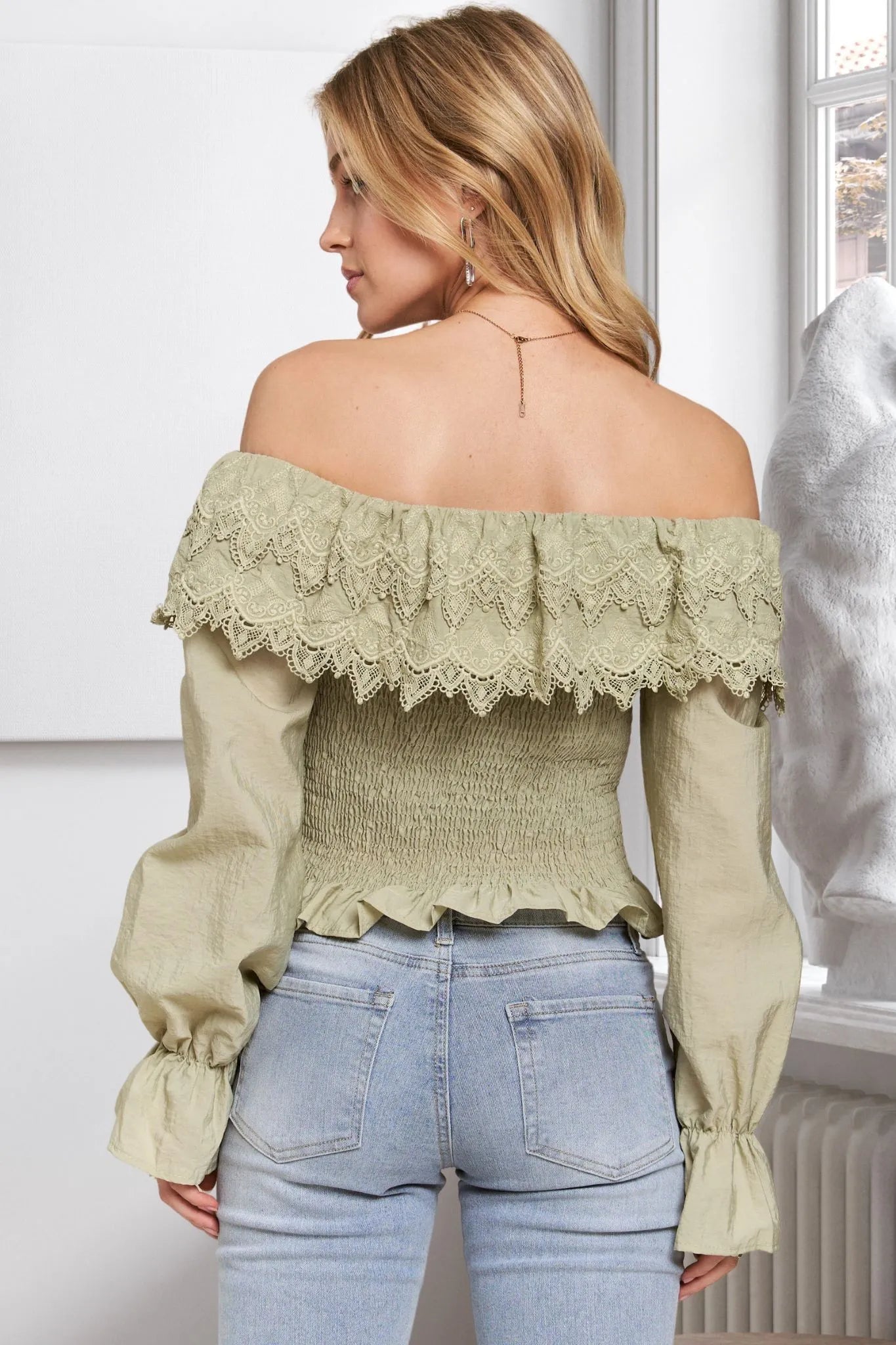 ADORA Smocking Blouse with Eyelet Lace Ruffle