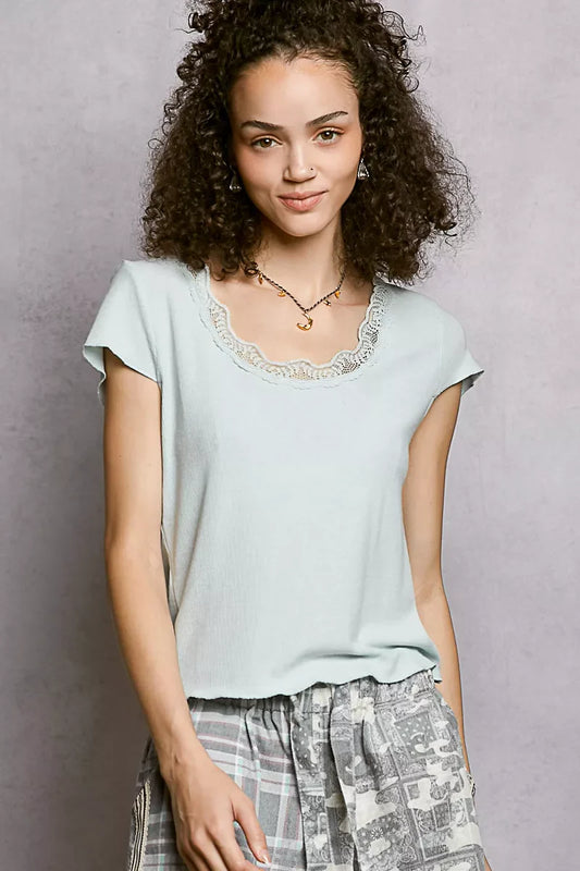 POL Round Neck Short Sleeve Crop T-Shirt with Lace Trim