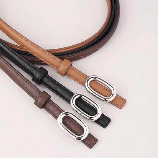 Skinny Leather Belt with Oval Buckle