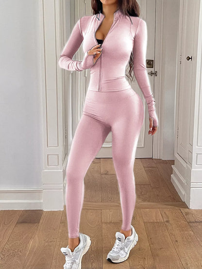 Zip Up Long Sleeve Top and Leggings Active Set
