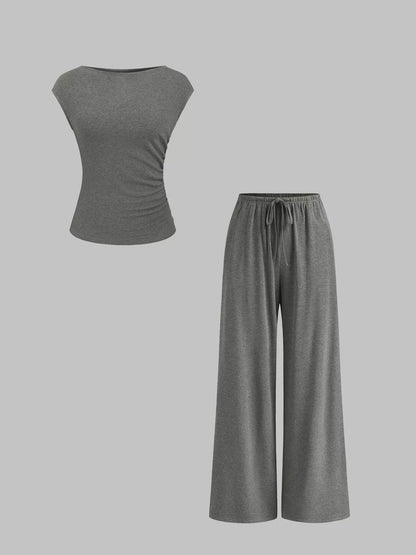 Casual Solid Color Top and Wide Leg Pants Set