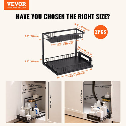 2-Tier Wire Pull Out Cabinet Under Sink Organizer Drawer Basket 2PCS