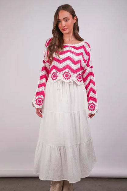 VERY J Chevron/Floral Pattern Crochet Knit Top