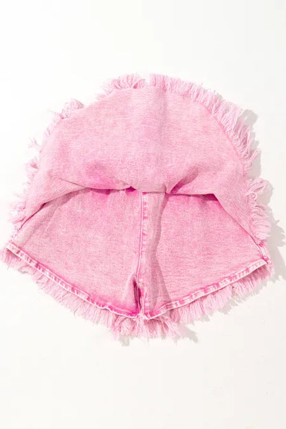 Washed Wide Smocked Waistband Frayed Denim Shorts