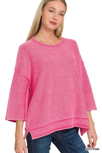 Zenana Washed 3/4 Sleeve Boxy Sweater