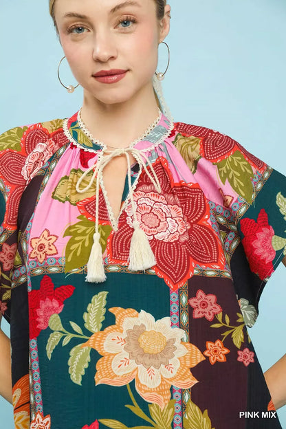 Umgee Mix Floral Patchwork Tassel Tie Top