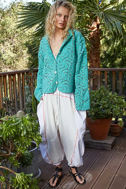 POL Button Down Crochet Openwork Shirt