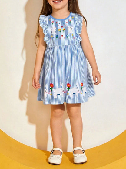 Children's Striped Bunny Embroidered Ruffle Sleeve Dress