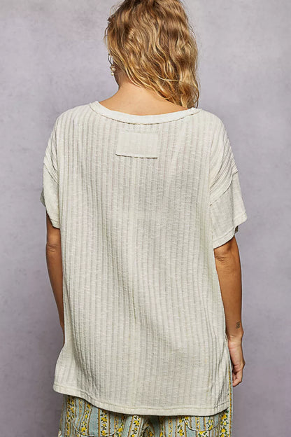 POL Ribbed Knit V-Neck Short Sleeve T-Shirt with Side Slit