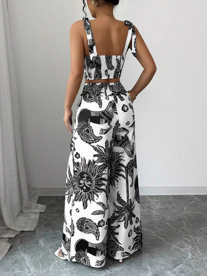 Floral Print Crop Top and Wide Leg Pants Set