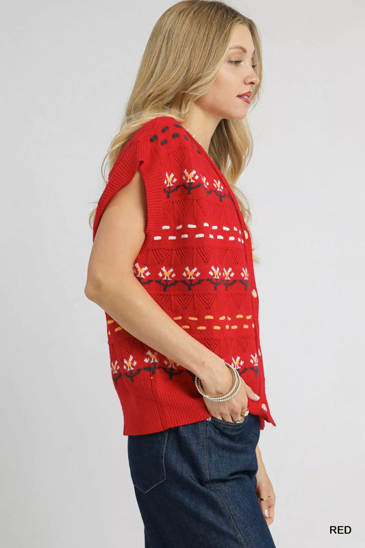 Umgee Button-Down Knit Vest with Floral Pattern