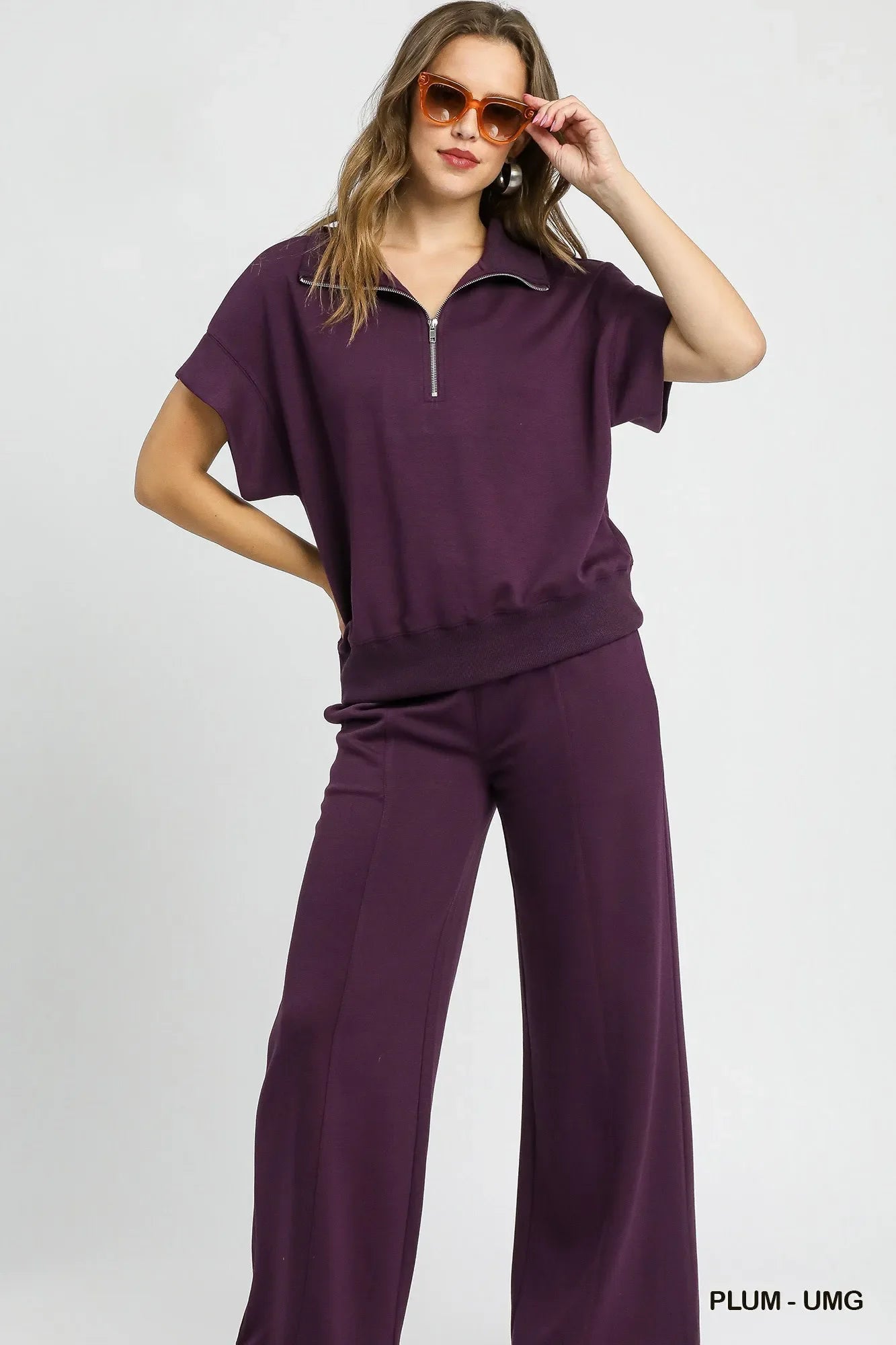 Umgee Full Size Half-Zip Short Sleeve Top Plus Size