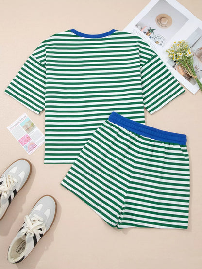 Stripe Boxy Tee and Drawstring Elastic Waist Shorts Set