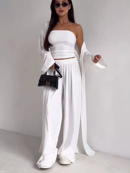 Tube Top & Cardigan & Wide Leg Pants 3-Piece Set