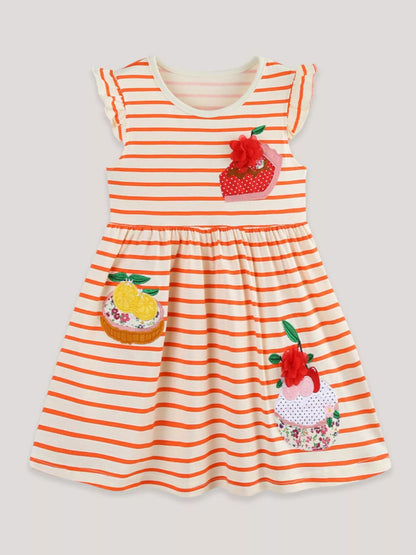 Children's Fruit Embroidered Ruffled Striped Dress