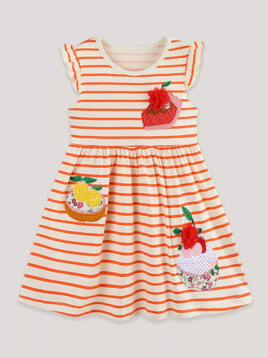 Children's Fruit Embroidered Ruffled Striped Dress