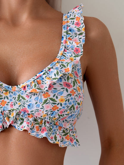 Women's Ditsy Floral Ruffle Bikini Set, V-Neck Ruffle Top & High Waist Bottom, 2 Piece Cute Swimsuit