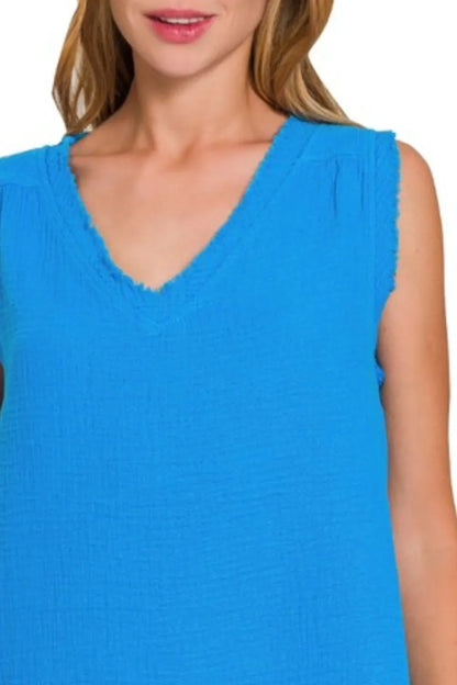Zenana Double Gauze Raw Edge V-Neck Tank