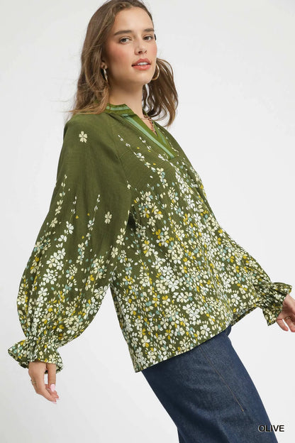 Umgee Floral Vine Print Blouse with Balloon Sleeves