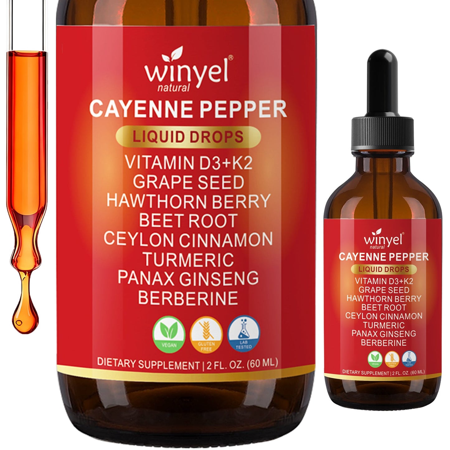WINYEL Cayenne Pepper Drops Herbal Supplement, Hawthorn Berry, Vitamin D3 K2, Beet Root, Ceylon Cinnamon, Turmeric & Berberine Extract, 60ML