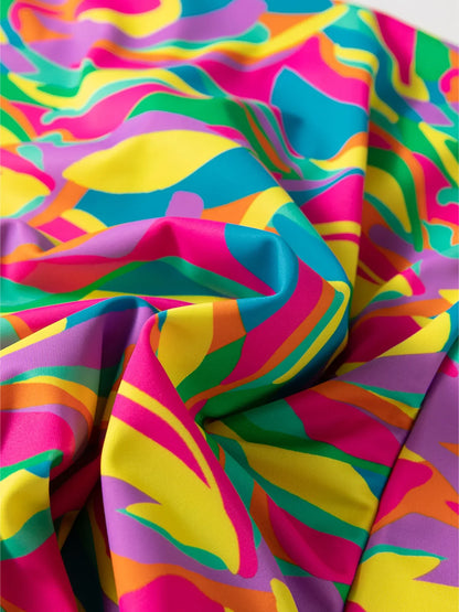 Multicolour Abstract Print Textured Spaghetti Strap High Waist Bikini Set