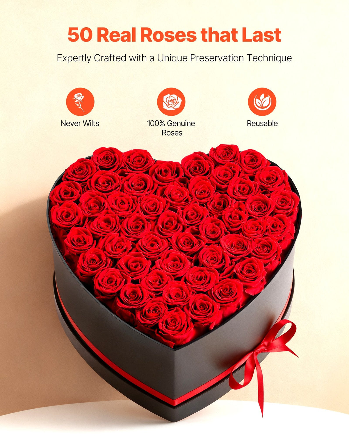 Forever Flowers, 50 Preserved Roses In A Heart Shape Box, Eternal Flowers Immortal Bouquet Birthday Present For Delivery Prime Women Her Wife Mothers, Anniversary, Valentine's Day,Christmas, Red