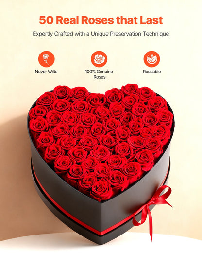 Forever Flowers, 50 Preserved Roses In A Heart Shape Box, Eternal Flowers Immortal Bouquet Birthday Present For Delivery Prime Women Her Wife Mothers, Anniversary, Valentine's Day,Christmas, Red