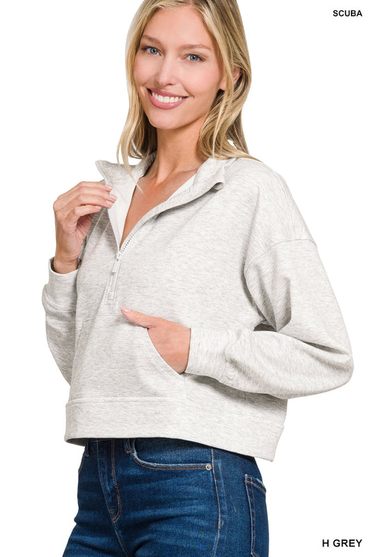 Zenana Scuba Half Zip Pullover With Kangaroo Pockets