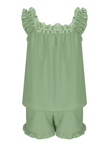 Ruffle Trim Sleeveless Top and Shorts Set