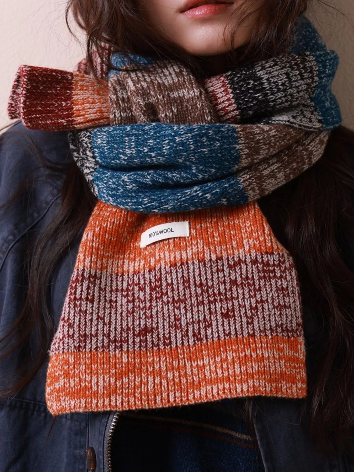 100% Wool Color Block Knitted Scarf