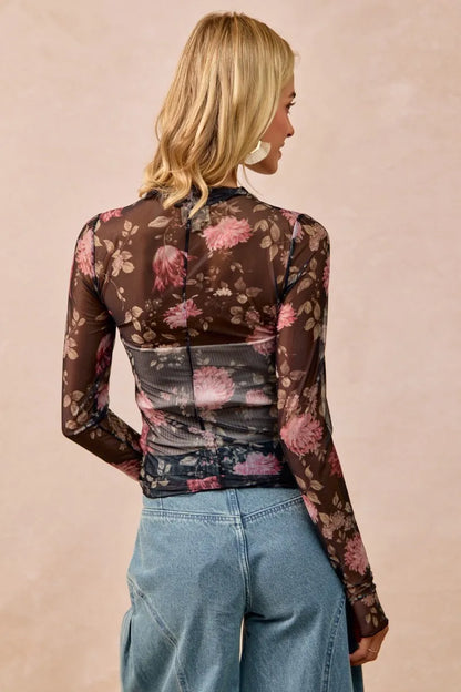 BiBi Flower Printed Mesh Lace Top with Thumb Opening
