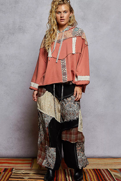 POL Drawstring French Terry Hoodie with Gauze Print Patch