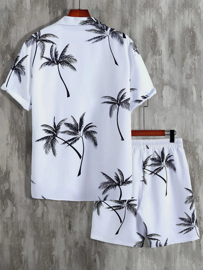 Men's Full Size Palm Print Button Up Shirt and Shorts Set Plus Size