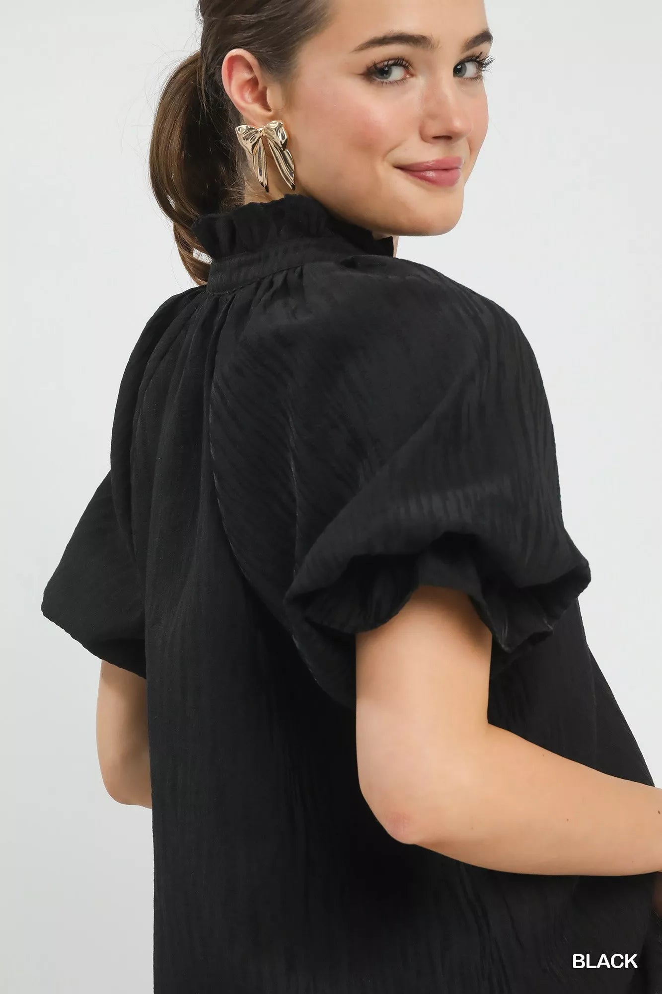 Umgee Textured Puff Sleeve Split Neck Top